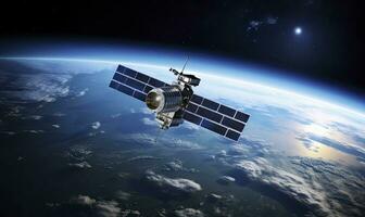 Satellit umkreisen im Raum mit ein Aussicht gegenüber Erde. ai generiert foto