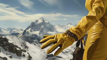Hand Winter Sport Handschuh auf Schnee und Berg im das Hintergrund. ai generiert foto