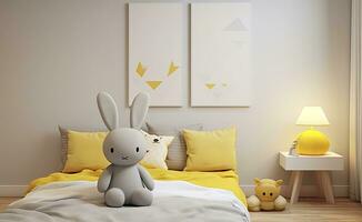 Kinder- Schlafzimmer mit ein Gelb Kopfkissen, Hase, und Lampe. ai generiert foto