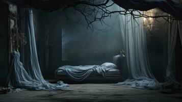 surreal Grusel Schlafzimmer mit Lampe und drapieren im dunkel cyan. ai generiert foto