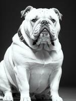 glücklich Hund Bulldogge schwarz und Weiß einfarbig Foto im Studio Beleuchtung