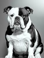 glücklich Hund Bulldogge schwarz und Weiß einfarbig Foto im Studio Beleuchtung