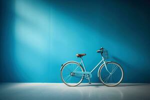 Blau Fahrrad mit ein Korb im ein leeren Zimmer in der Nähe von ein Blau Mauer. generiert durch künstlich Intelligenz foto