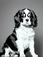 glücklich Kavalier König Charles Spaniel Hund schwarz und Weiß einfarbig Foto im Studio Beleuchtung