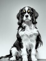 glücklich Kavalier König Charles Spaniel Hund schwarz und Weiß einfarbig Foto im Studio Beleuchtung