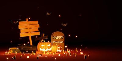 Halloween-Hintergrund mit leerem Holzschild 3D-Darstellung foto