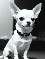 glücklich Chihuahua Hund schwarz und Weiß einfarbig Foto im Studio Beleuchtung