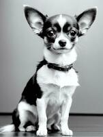 glücklich Chihuahua Hund schwarz und Weiß einfarbig Foto im Studio Beleuchtung