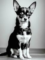 glücklich Chihuahua Hund schwarz und Weiß einfarbig Foto im Studio Beleuchtung