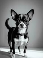 glücklich Chihuahua Hund schwarz und Weiß einfarbig Foto im Studio Beleuchtung