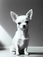 glücklich Chihuahua Hund schwarz und Weiß einfarbig Foto im Studio Beleuchtung