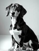 glücklich Dackel Hund schwarz und Weiß einfarbig Foto im Studio Beleuchtung