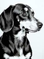glücklich Dackel Hund schwarz und Weiß einfarbig Foto im Studio Beleuchtung