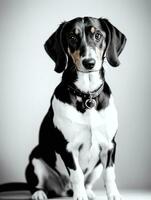 glücklich Dackel Hund schwarz und Weiß einfarbig Foto im Studio Beleuchtung