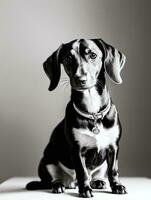 glücklich Dackel Hund schwarz und Weiß einfarbig Foto im Studio Beleuchtung