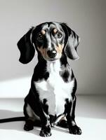 glücklich Dackel Hund schwarz und Weiß einfarbig Foto im Studio Beleuchtung