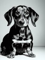 glücklich Dackel Hund schwarz und Weiß einfarbig Foto im Studio Beleuchtung