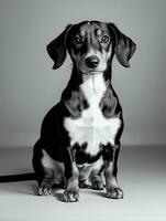 glücklich Dackel Hund schwarz und Weiß einfarbig Foto im Studio Beleuchtung