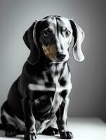 glücklich Dackel Hund schwarz und Weiß einfarbig Foto im Studio Beleuchtung