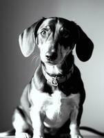 glücklich Dackel Hund schwarz und Weiß einfarbig Foto im Studio Beleuchtung