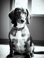 glücklich Dackel Hund schwarz und Weiß einfarbig Foto im Studio Beleuchtung