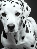 glücklich Dalmatiner Hund schwarz und Weiß einfarbig Foto im Studio Beleuchtung