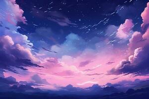 Landschaft Hintergrund dunkel Himmel und Sterne mit ein bunt fraktal Nebel generativ ai foto