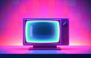 alt Fernseher im Rosa Blau Gradient Neon- Licht. retro bunt Bild. alt Fernseher Neon- generativ ai foto