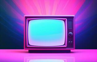 alt Fernseher im Rosa Blau Gradient Neon- Licht. retro bunt Bild. alt Fernseher Neon- generativ ai foto