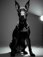 glücklich Dobermann Pinscher Hund schwarz und Weiß einfarbig Foto im Studio Beleuchtung