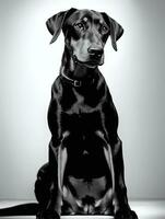 glücklich Dobermann Pinscher Hund schwarz und Weiß einfarbig Foto im Studio Beleuchtung