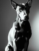 glücklich Dobermann Pinscher Hund schwarz und Weiß einfarbig Foto im Studio Beleuchtung