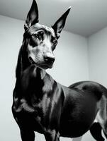 glücklich Dobermann Pinscher Hund schwarz und Weiß einfarbig Foto im Studio Beleuchtung