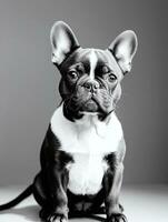 glücklich Französisch Bulldogge schwarz und Weiß einfarbig Foto im Studio Beleuchtung