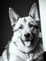 glücklich Deutsche Schäfer Hund schwarz und Weiß einfarbig Foto im Studio Beleuchtung