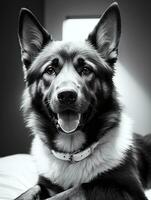 glücklich Deutsche Schäfer Hund schwarz und Weiß einfarbig Foto im Studio Beleuchtung