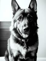 glücklich Deutsche Schäfer Hund schwarz und Weiß einfarbig Foto im Studio Beleuchtung