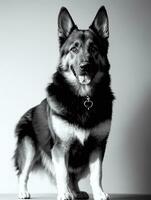 glücklich Deutsche Schäfer Hund schwarz und Weiß einfarbig Foto im Studio Beleuchtung