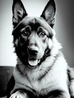 glücklich Deutsche Schäfer Hund schwarz und Weiß einfarbig Foto im Studio Beleuchtung