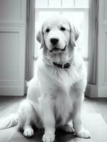 glücklich golden Retriever Hund schwarz und Weiß einfarbig Foto im Studio Beleuchtung