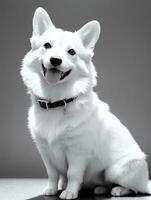 glücklich Pembroke Walisisch Corgi Hund schwarz und Weiß einfarbig Foto im Studio Beleuchtung