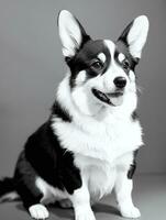 glücklich Pembroke Walisisch Corgi Hund schwarz und Weiß einfarbig Foto im Studio Beleuchtung