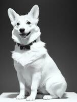 glücklich Pembroke Walisisch Corgi Hund schwarz und Weiß einfarbig Foto im Studio Beleuchtung