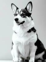 glücklich Pembroke Walisisch Corgi Hund schwarz und Weiß einfarbig Foto im Studio Beleuchtung