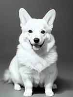 glücklich Pembroke Walisisch Corgi Hund schwarz und Weiß einfarbig Foto im Studio Beleuchtung