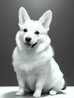 glücklich Pembroke Walisisch Corgi Hund schwarz und Weiß einfarbig Foto im Studio Beleuchtung