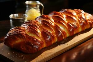 Süss geflochten Brot mit ein knusprig golden Kruste foto