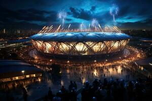 groß Sport Stadion. dunkel Himmel mit Wolken Über das Stadion. Sport Wettbewerb Konzept. erstellt durch künstlich Intelligenz foto