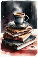 Aquarell Grafik, Kaffee und viele von Bücher foto