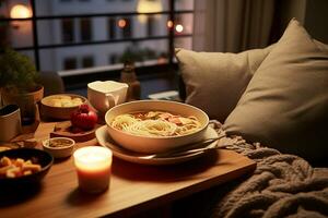 gemütlich Ramen Nacht beim heim, mit ein Schüssel von hausgemacht Ramen auf ein Kaffee Tabelle mit gemütlich Dekor foto